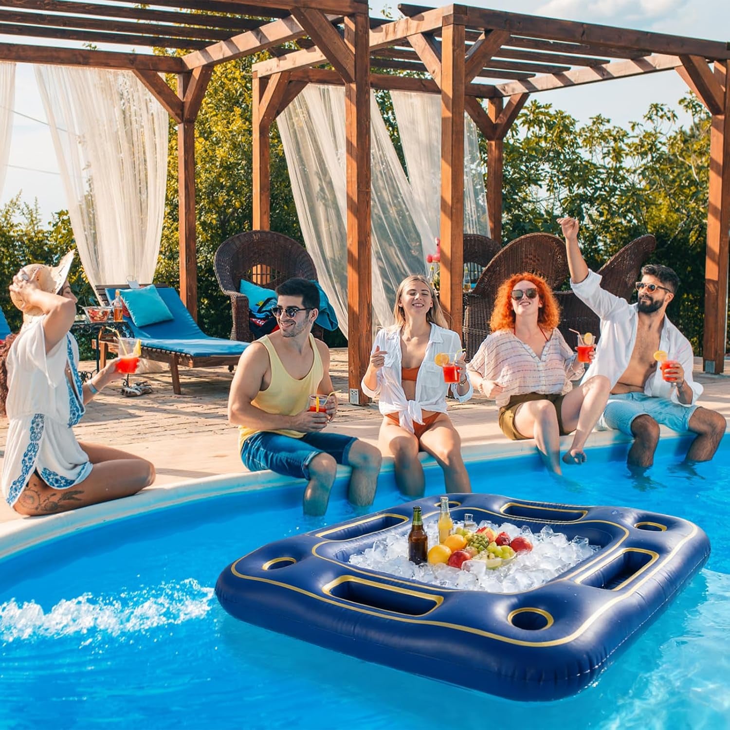 Floating Poker Table for Pool with Waterproof Playing Cards - 4 Person Inflatable Pool Games for Adults - Blue & Gold Premium Floating Card Table Set for Lake, River, and Swimming Party (40 Inch)
