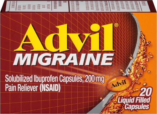 Migraine Headache Relief, Ibuprofen Capsules with Ibuprofen 200Mg for Migraine Relief, Nausea Relief and Light Sensitivity Relief - 20 Liquid Filled Capsules