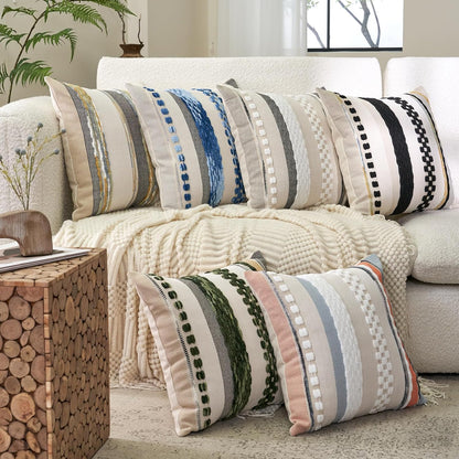 Boho Throw Pillow Covers 18X18 Inch Set of 2, Farmhouse Decorative Striped Square Pillow Covers Chenille Tufted Pillow Cases Accent Neutral Pillowcase for Living Room Couch Bed, Black
