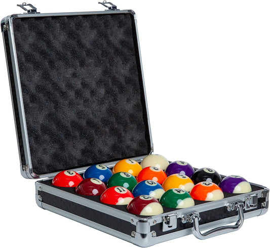 Pool Balls Billiard Set - Regulation Size - 17 Pc Professional Pool Set W/ Cue Ball and Sleek Black and Silver Case - Multi Colored - Ball Size 2.25" 57.15Mm