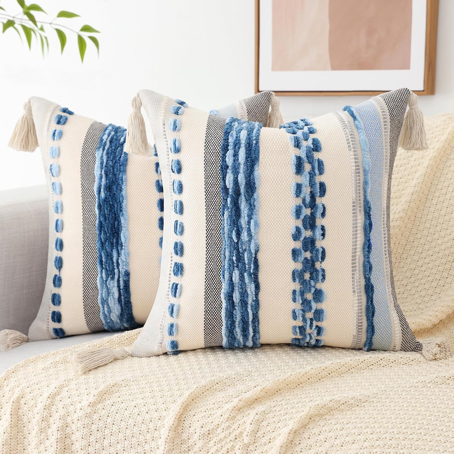 Sky Blue Throw Pillow Covers 18X18 Set of 2 | Decorative Modern Boho Farmhouse Pillow Covers Chenille Striped Tufted Couch Pillow Covers with Tassels for Bed Sofa