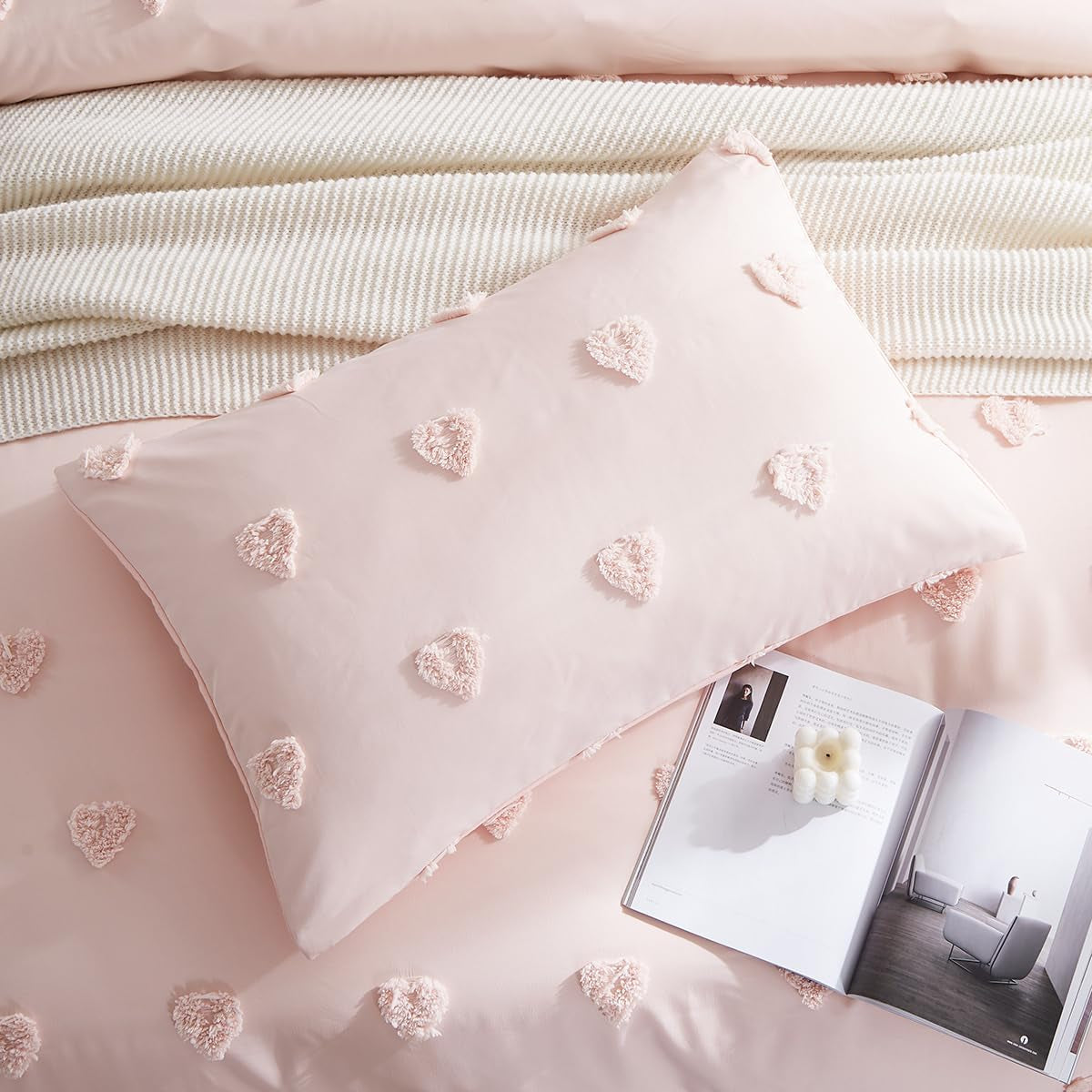Pink Heart Duvet Cover Queen Size Boho Tufted Chenille Cute Heart Textured Comforter Cover 3Pcs Luxury Soft Washed Microfiber Aesthetic Bedding Set with Zipper Closure for All Season