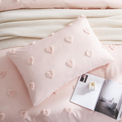 Pink Heart Duvet Cover Queen Size Boho Tufted Chenille Cute Heart Textured Comforter Cover 3Pcs Luxury Soft Washed Microfiber Aesthetic Bedding Set with Zipper Closure for All Season