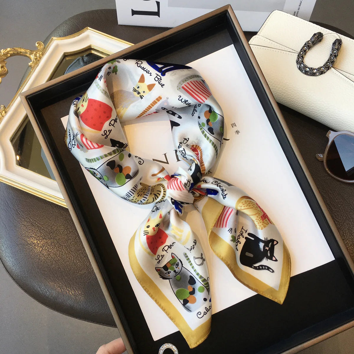 Luxury Brand 2022 Silk Square Scarf Women Cat Neck Hair Tie Band Beach Hijab Kerchief Head Headbands Bandana Female Foulard 70Cm