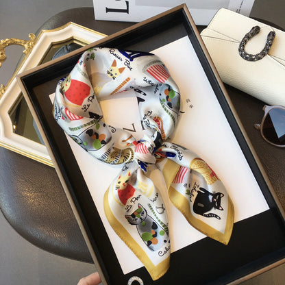 Luxury Brand 2022 Silk Square Scarf Women Cat Neck Hair Tie Band Beach Hijab Kerchief Head Headbands Bandana Female Foulard 70Cm