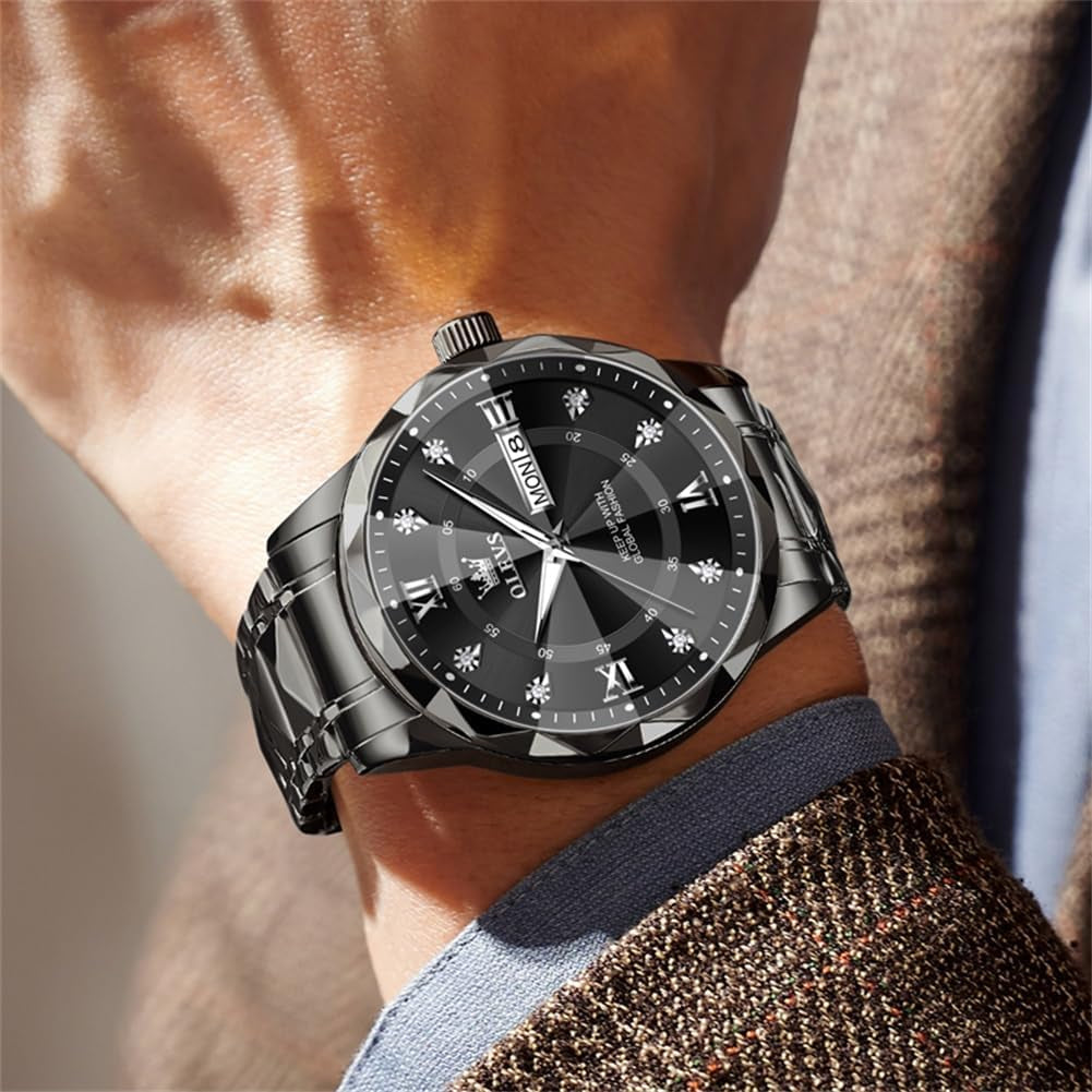 Watches for Men Luxury Diamond Casual Large Dial Watches Stainless Steel Waterproof Business Dress Analog Luminous Date Mens Watches