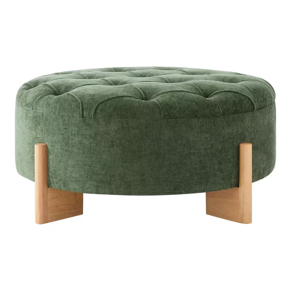 Green Chenille round Tufted Ottoman with Solid Wood Legs