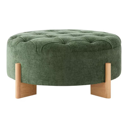 Green Chenille round Tufted Ottoman with Solid Wood Legs