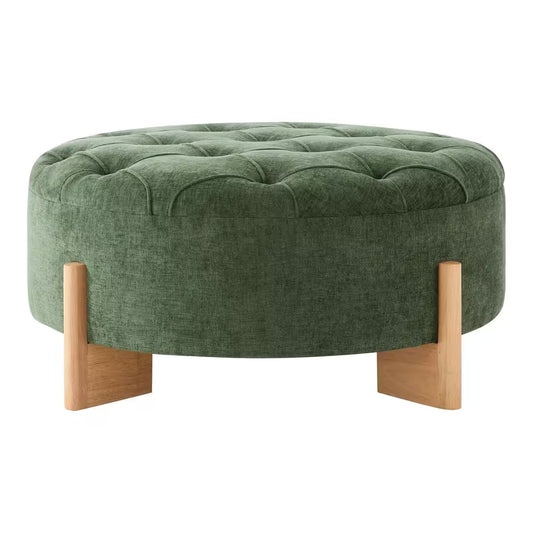 Green Chenille round Tufted Ottoman with Solid Wood Legs