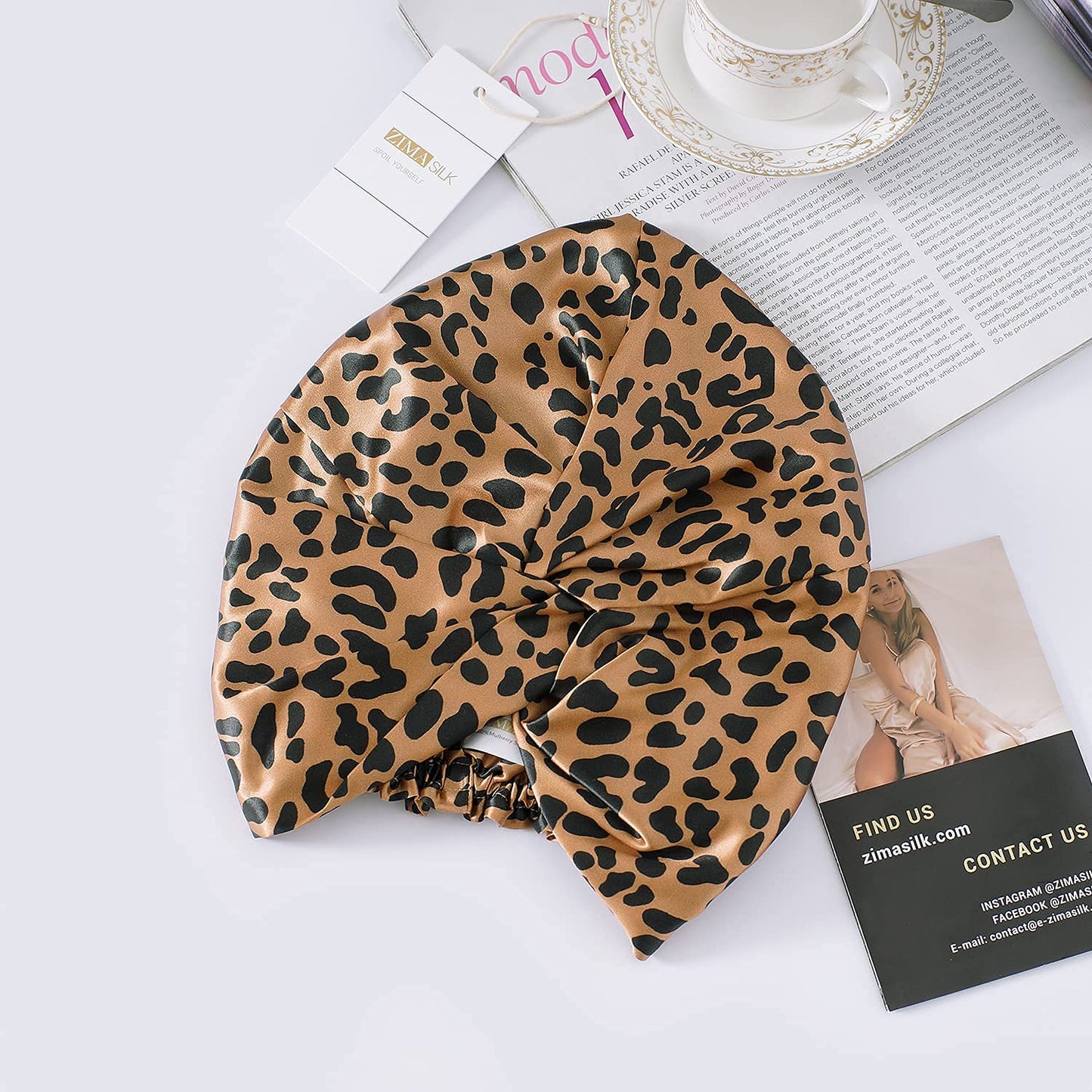 22 Momme 100% Pure Silk Bonnet for Sleeping, Leopard Black/Golden | Double Layer Breathable Highest Grade 6A Silk Hair Wrap, Sleeping & Hair Care, Adjustable Elastic Stay on Head, 1Pc