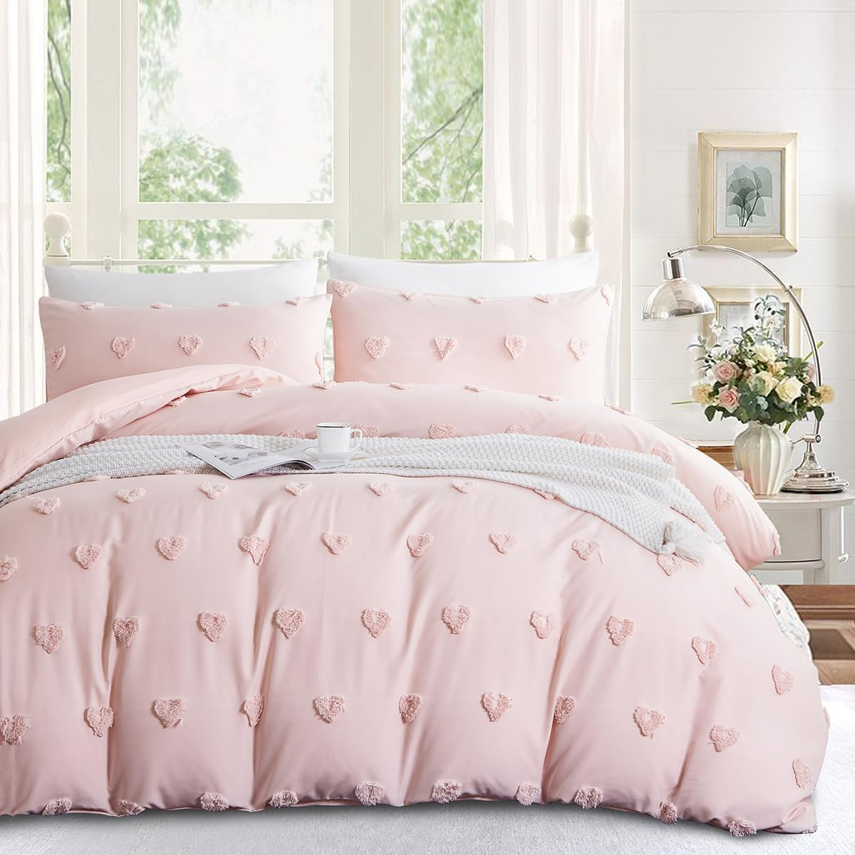 Pink Heart Duvet Cover Queen Size Boho Tufted Chenille Cute Heart Textured Comforter Cover 3Pcs Luxury Soft Washed Microfiber Aesthetic Bedding Set with Zipper Closure for All Season
