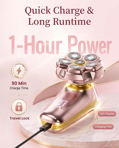Electric Razor for Women Legs: 2-In-1 Painless 6D Body Shaver W/Long Handle | Fast & Smooth Shaver Head, Waterproof Bikini Trimmer Head for Underarms, Arms, Lady Hair Removal Kit, LED Display (Nude Pink)