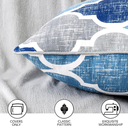 Throw Pillow Covers 20X20 for Couch Sofa Moroccan Blue Gray 2 Sets | Soft Chenille Print Geometric Velvet 2-Sided Pattern Decorative Square Standard Pillowcases for Bedroom Living Room