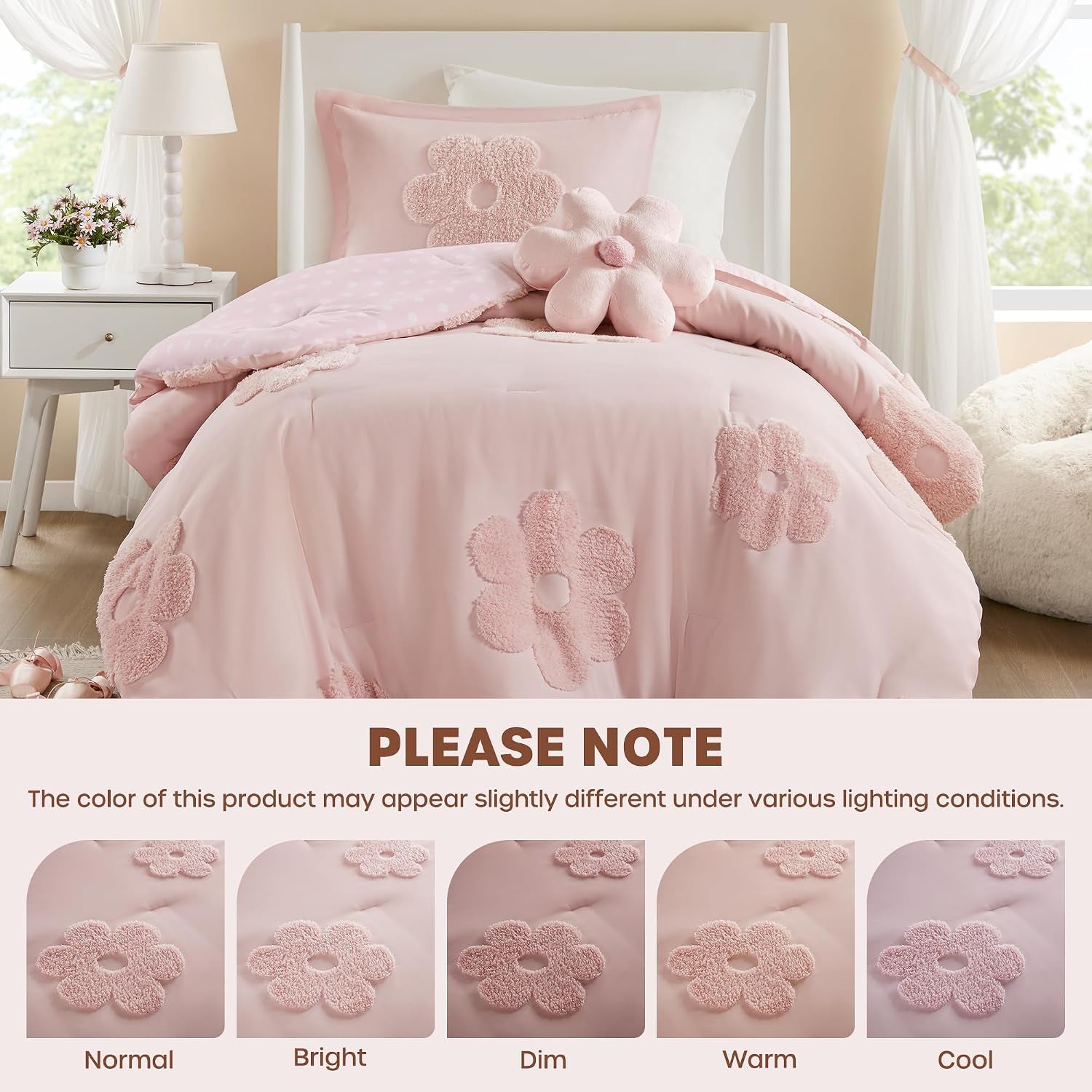 Kids Pink Floral Twin Comforter Set for Girls, 3Pc | Tufted Chenille, Polka Dot Reverse, Machine Washable, All Season, Lightweight, Bedding Set, Ultra Soft