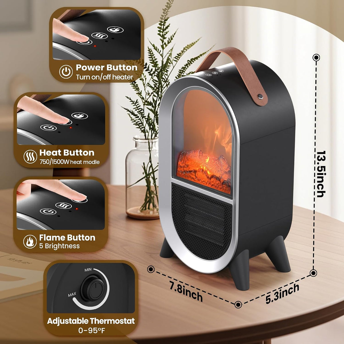 Portable Electric Fireplace Heater for Home Office, Black