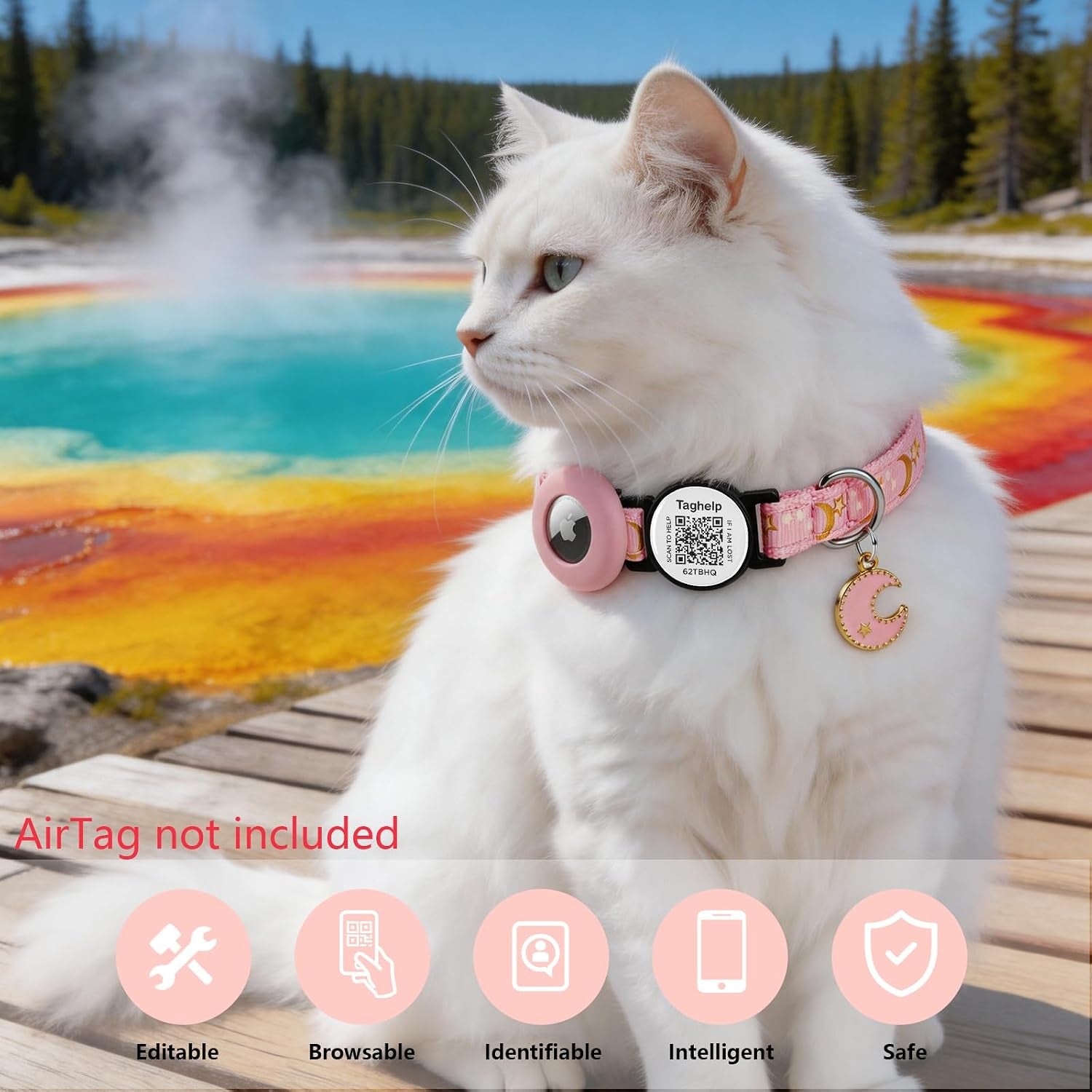 2 Pack Airtag Cat Collar, Breakaway Cat Airtag with Smart ID Tag & QR Code Reflective (Star Moon & Paw Pattern - Pink, with Integrated Airtag Holder)