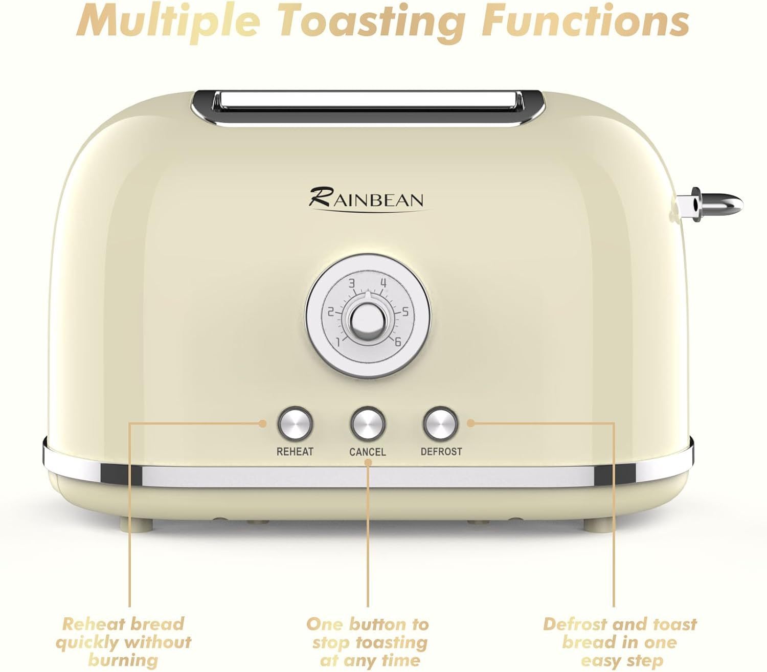 Grille-pain 2 tranches rétro en acier inoxydable avec 6 réglages de teinte de pain et fonction de réchauffage de décongélation d'annulation de bagel, grille-pain mignon avec fente extra large et plateau ramasse-miettes amovible