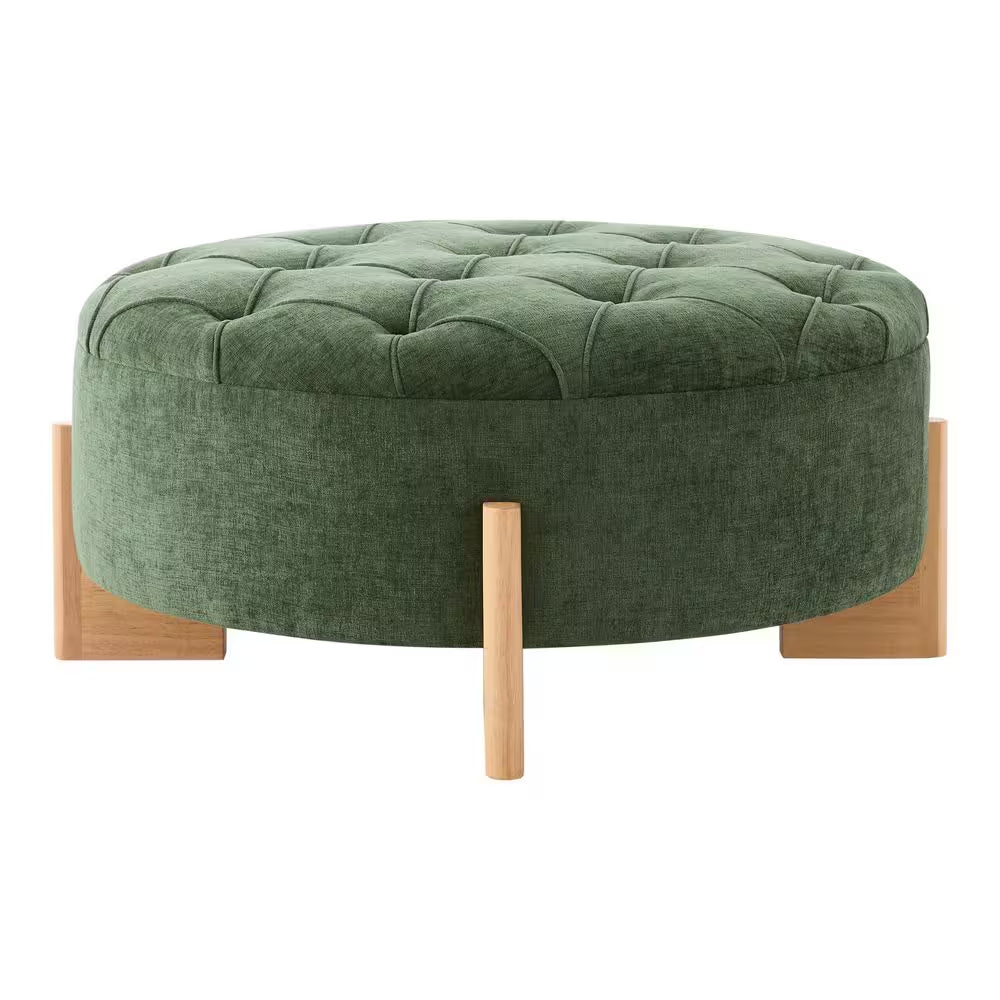 Green Chenille round Tufted Ottoman with Solid Wood Legs