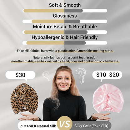22 Momme 100% Pure Silk Bonnet for Sleeping, Leopard Black/Golden | Double Layer Breathable Highest Grade 6A Silk Hair Wrap, Sleeping & Hair Care, Adjustable Elastic Stay on Head, 1Pc
