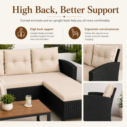3-Piece All-Weather PE Wicker Patio Conversation Set Modular Outdoor Sectional Sofa, Patio Furniture Sets with Cushions for Small Patios, Balcony & Poolside