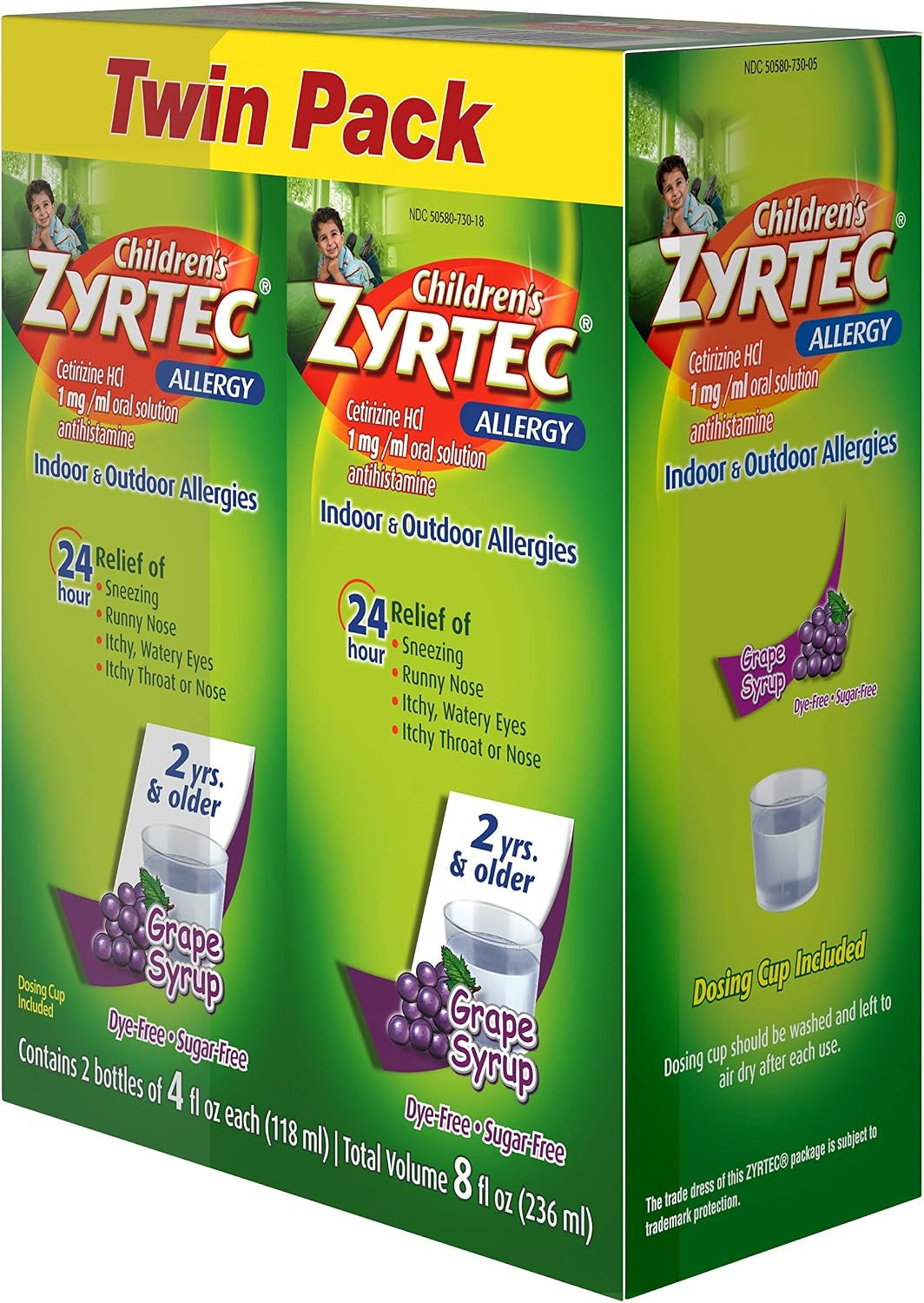 Zyrtec 24 Hr Children'S Allergy Syrup with Cetirizine, Sugar-Free Grape, Twin Pack of 4 Fl. Oz