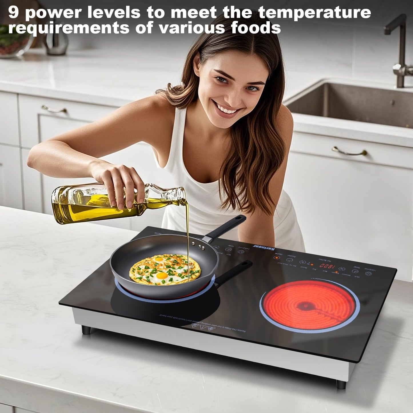 2 Burners Electric Cooktop 24 Inch, 110V~120V Countertop and Built-In Elecric Stove Top, Portable Electric Radiant with Outlet Plug, Sensor Touch, Child Safety Lock, Timer(Blue)