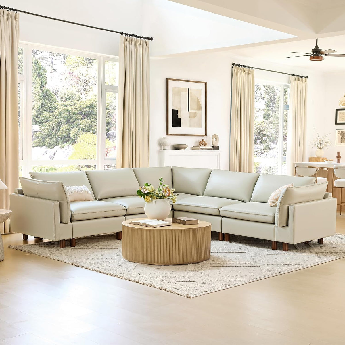 CHITA 118" Leather Super Large Sectional Couches for Living Room, Modular Cloud Sofa, Premium Genuine Leather Sofa, down Filled, High Density Foam, Real Leather in Cream, 5 Seat Corner Couch