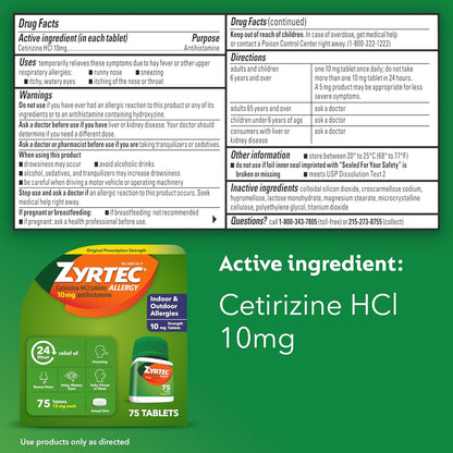 Zyrtec 24-Hour Allergy Relief Tablets, 10 Mg Cetirizine Hcl, 75 Ct