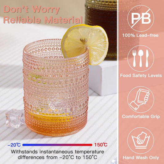 Colored Vintage Hobnail Drinking Glasses Set of 6, Embossed Water Tumbler 12Oz, Kitchen & Bar Beaded Glass Cups, Beverage Glass Cups for Water, Beer, Juice, Housewarming Gift