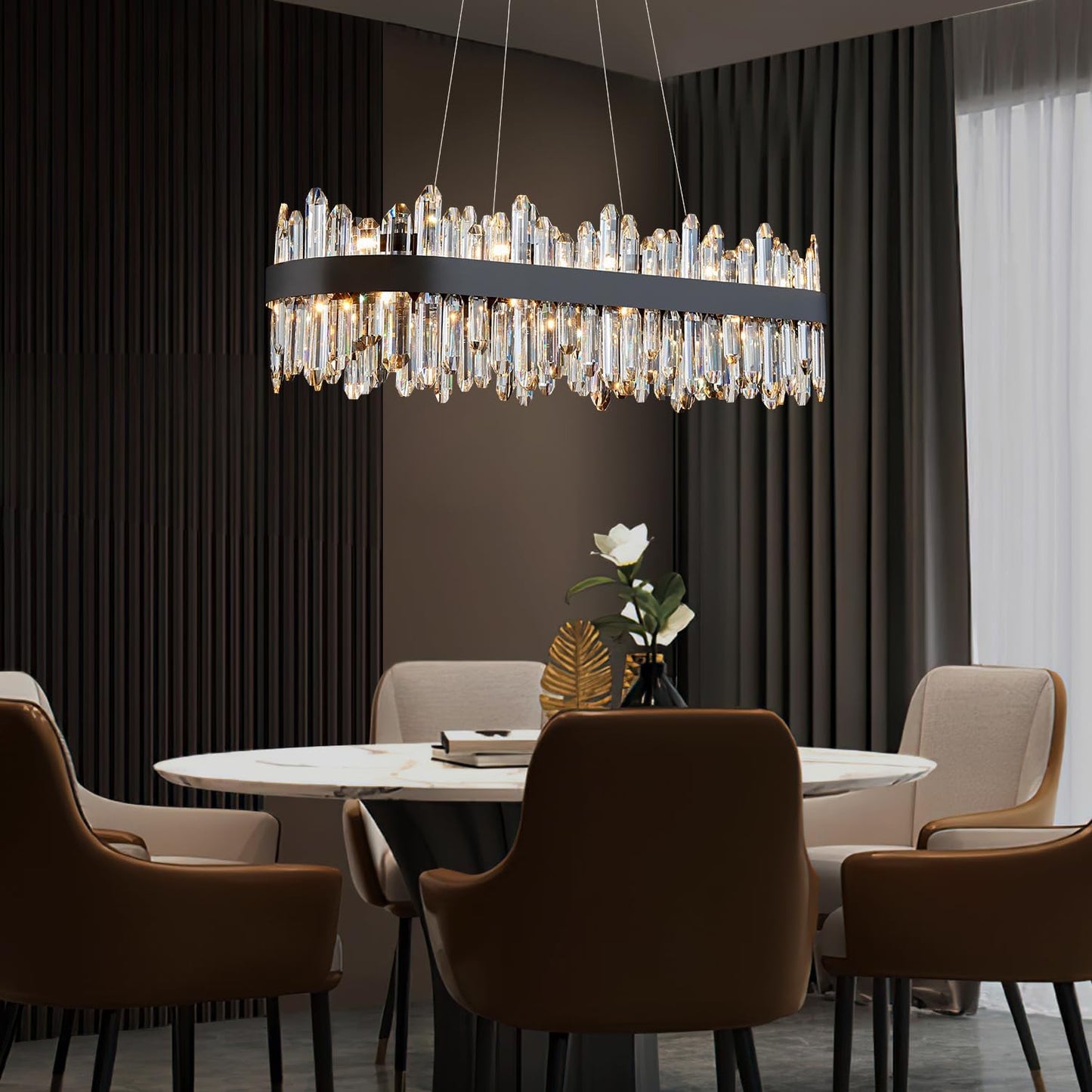 Modern Rectangular Crystal Chandelier, 20-Lights Black Raindrop Chandelier Lighting Contemporary Pendant Ceiling Light Fixture for Dining Room Living Room Kitchen Island L35.4''