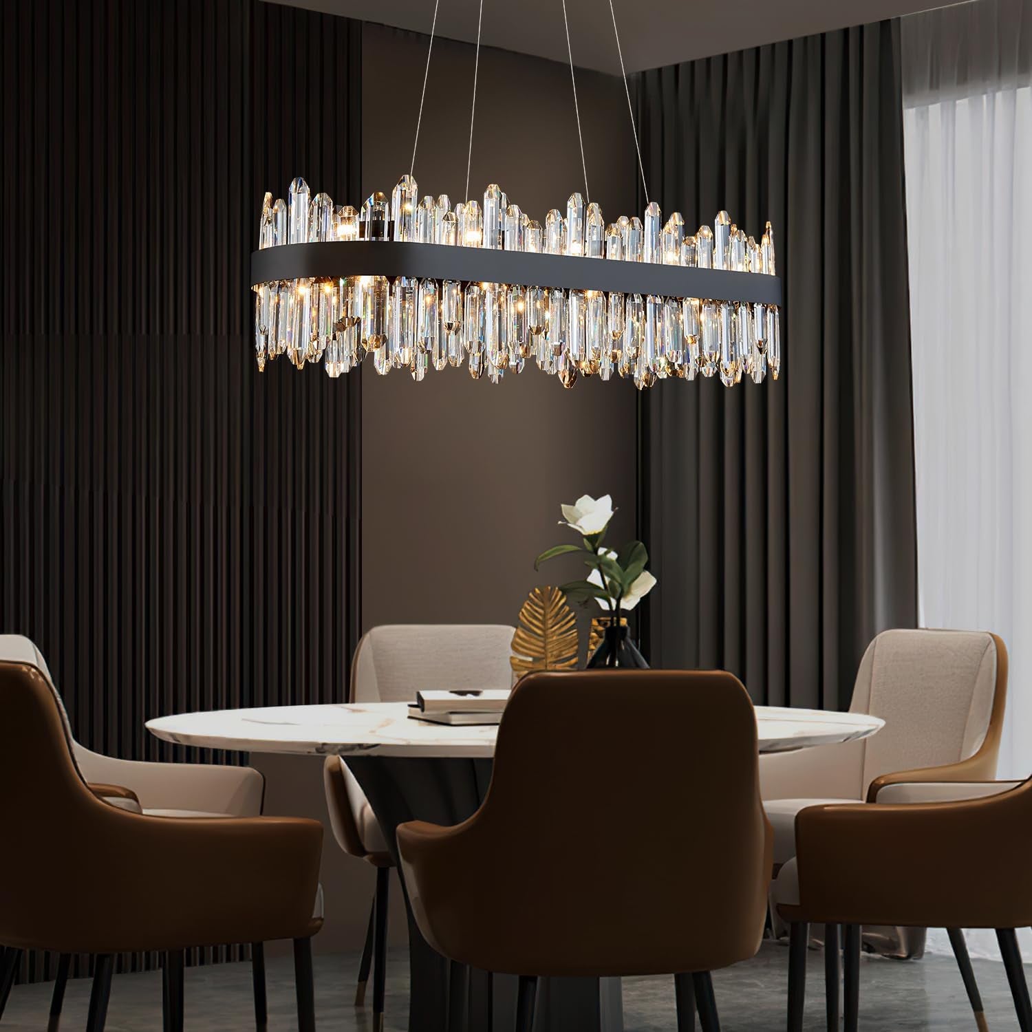 Modern Rectangular Crystal Chandelier, 20-Lights Black Raindrop Chandelier Lighting Contemporary Pendant Ceiling Light Fixture for Dining Room Living Room Kitchen Island L35.4''