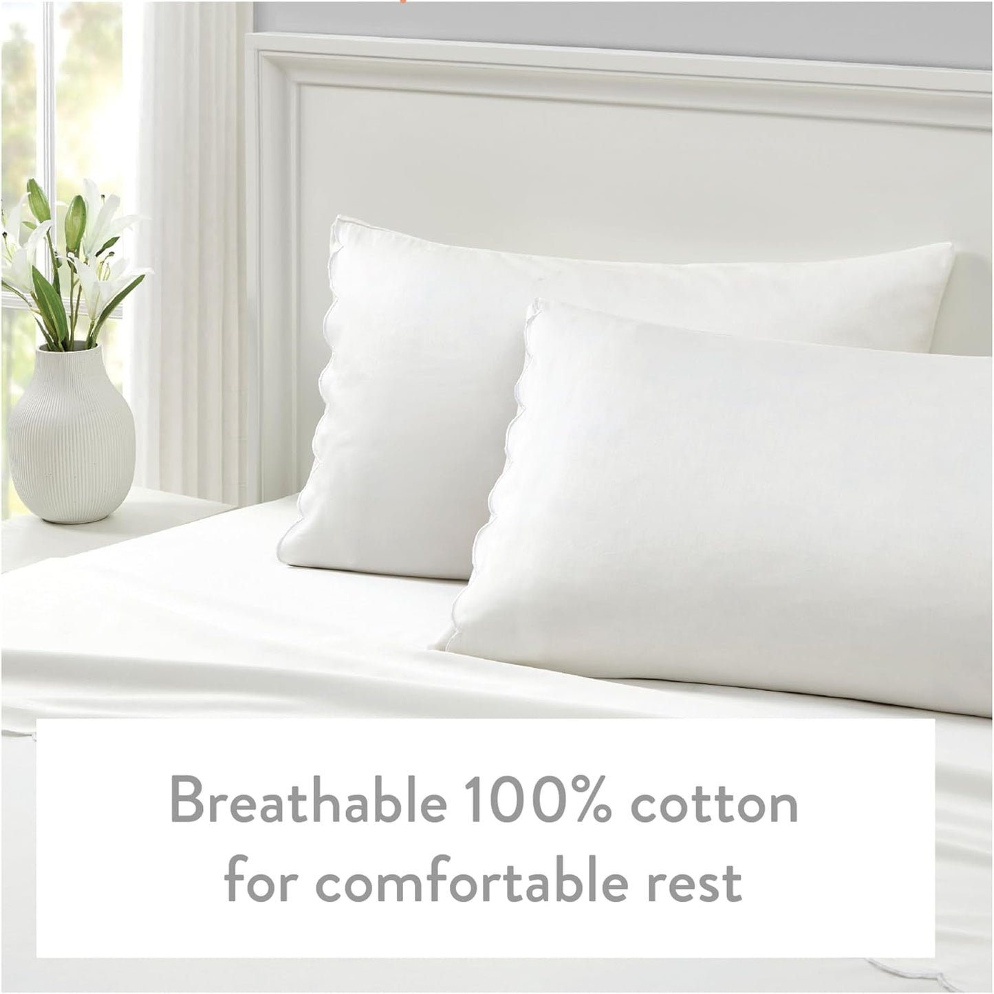 Full Size Sheet Set, 4 Piece Bed Sheets, Breathable Soft 300 TC 100% Cotton with Embroidered Scalloped Edge, 1 Flat Sheet, 1 Fitted, 2 Pillowcases, Full, White with White Scallop