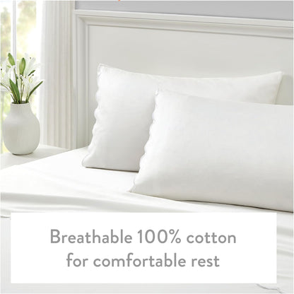 Full Size Sheet Set, 4 Piece Bed Sheets, Breathable Soft 300 TC 100% Cotton with Embroidered Scalloped Edge, 1 Flat Sheet, 1 Fitted, 2 Pillowcases, Full, White with White Scallop