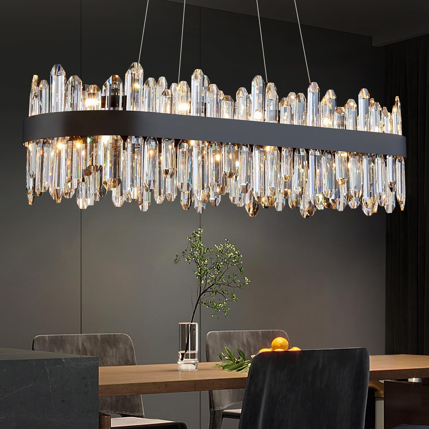 Modern Rectangular Crystal Chandelier, 20-Lights Black Raindrop Chandelier Lighting Contemporary Pendant Ceiling Light Fixture for Dining Room Living Room Kitchen Island L35.4''