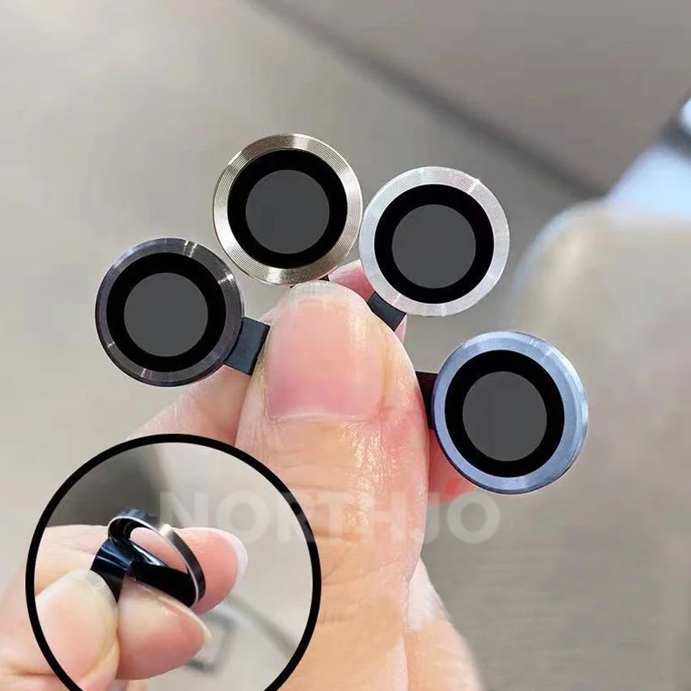 100Pcs for Iphone 15 Pro Max 14 13 12 11 plus Mini CD Style Metal Camera Lens Cover 3D Alloy Glass Screen Protector