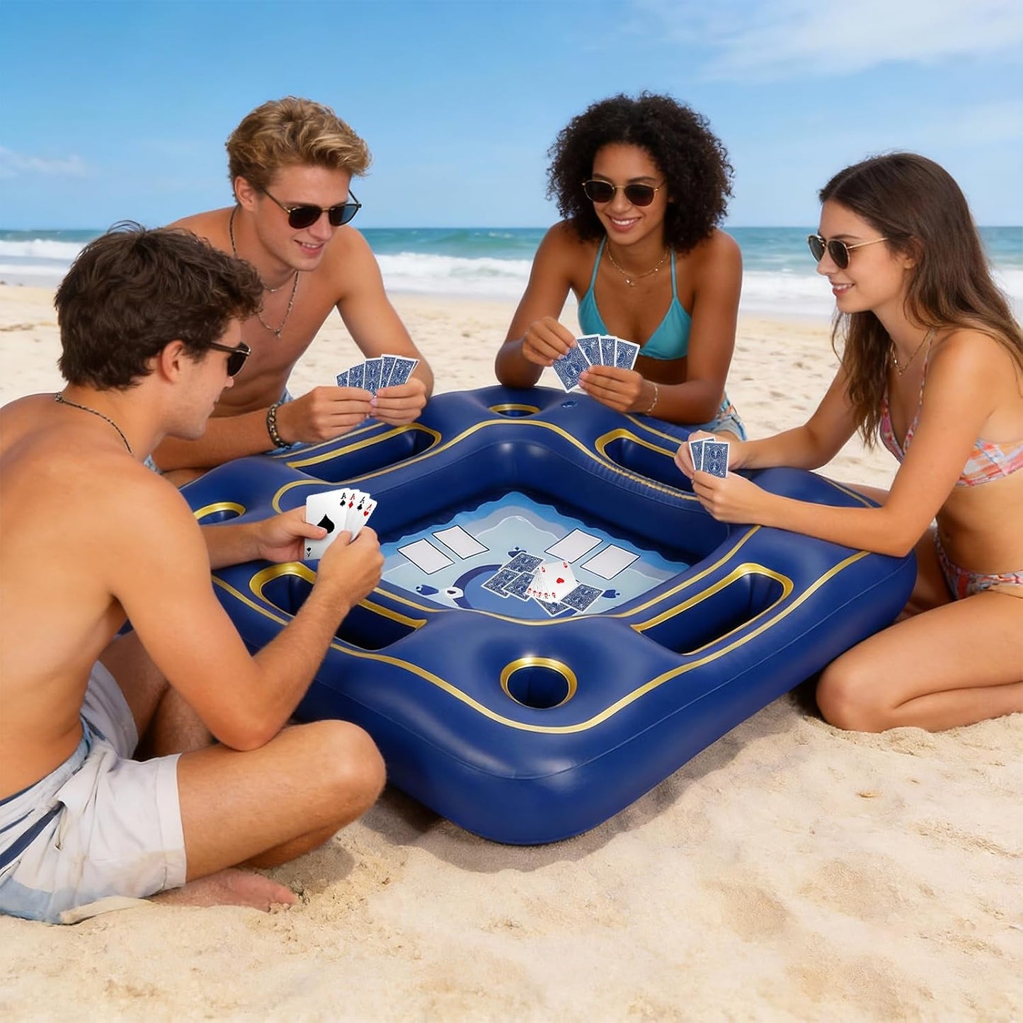 Floating Poker Table for Pool with Waterproof Playing Cards - 4 Person Inflatable Pool Games for Adults - Blue & Gold Premium Floating Card Table Set for Lake, River, and Swimming Party (40 Inch)