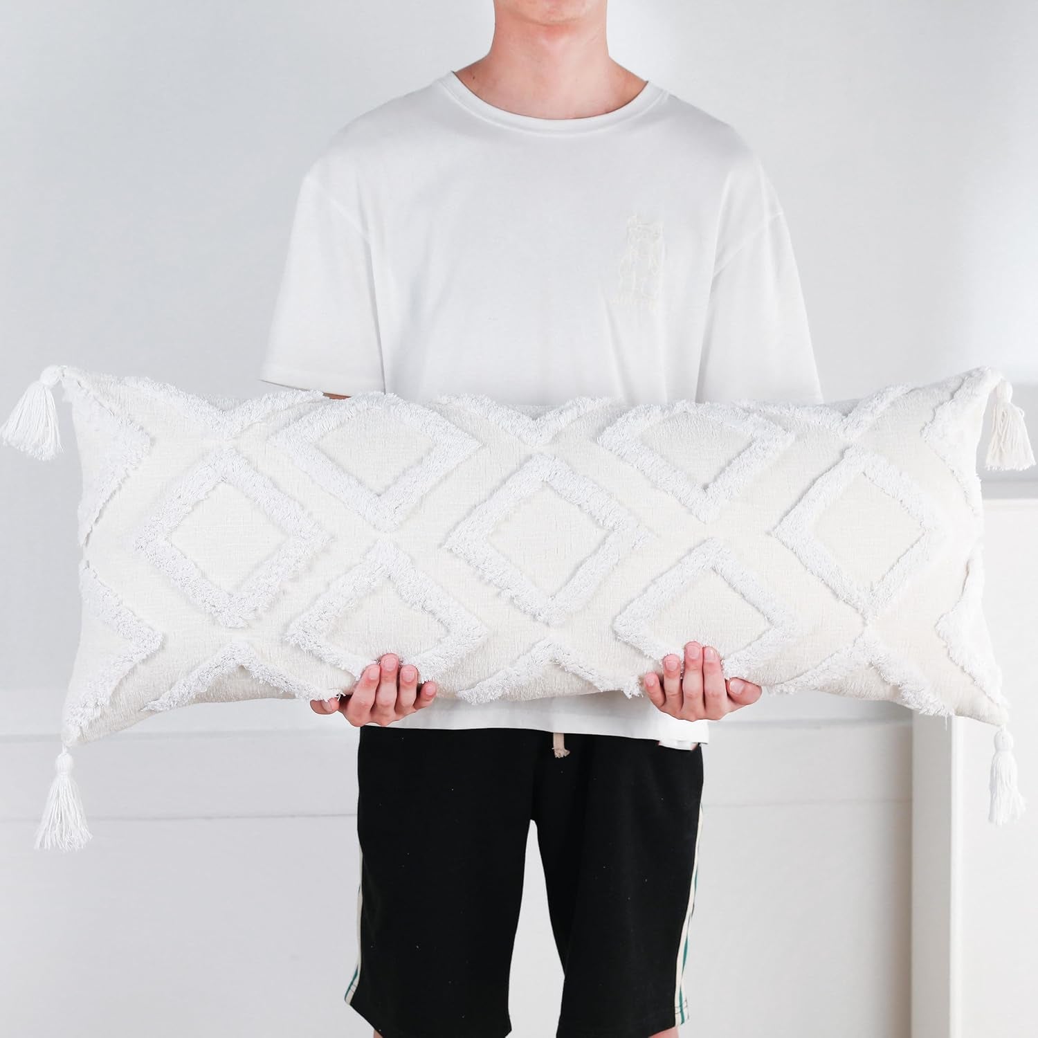 Decorative Long Lumbar Pillow Cover 16X36 Boho,Super Soft Chenille Extra Long Lumbar Pillow Case Cover with Tassel for Bed Sofa Couch Farmhouse Livingroom,White,Modern Skinny