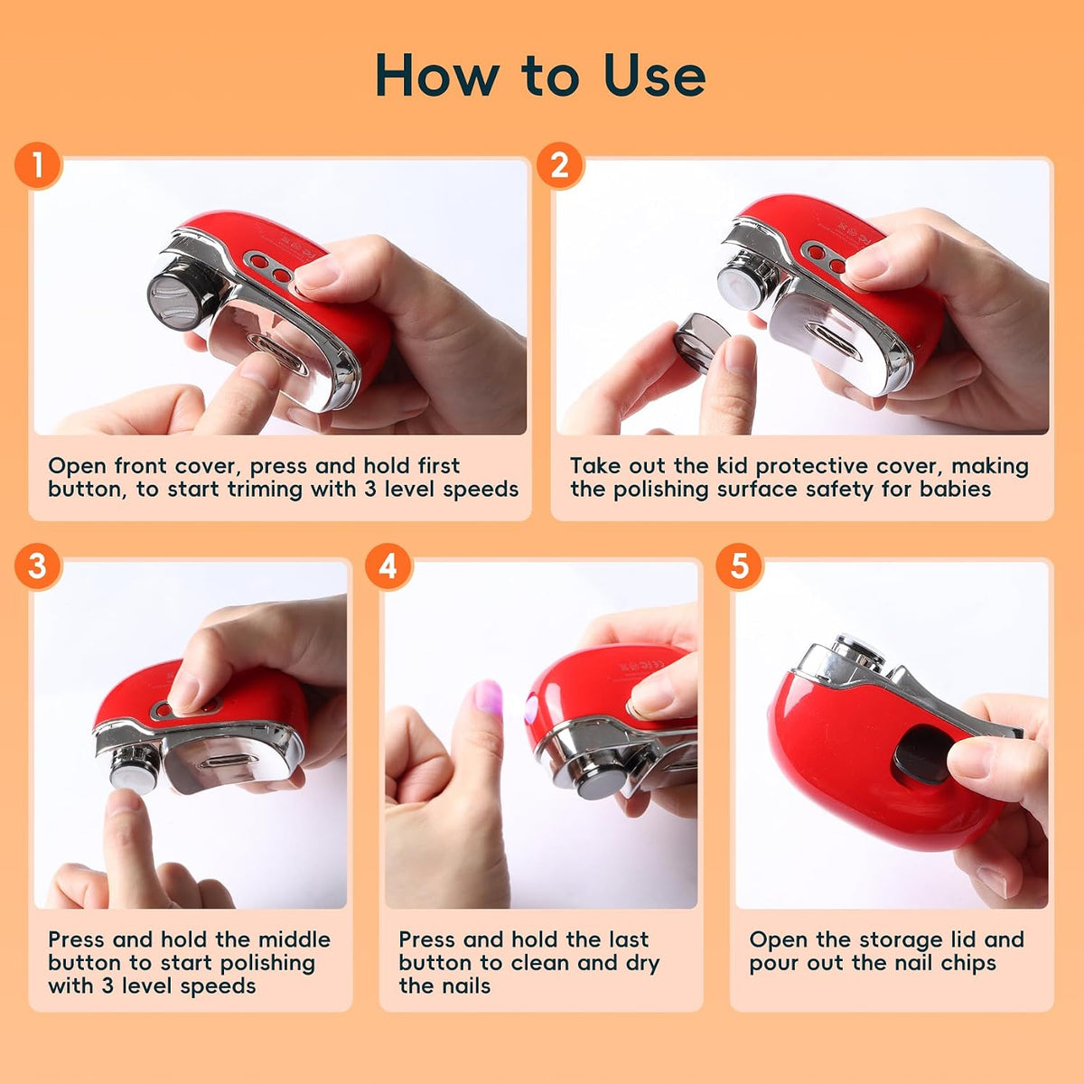 Electric Nail Clipper-3 in 1 Baby Nail Trimmer with Light & 3 Speeds, Fingernail Trimmer, Polisher & Clip Storage, USB Rechargeable Automatic Nail File for Baby, Kids, Adult Gift(Red)