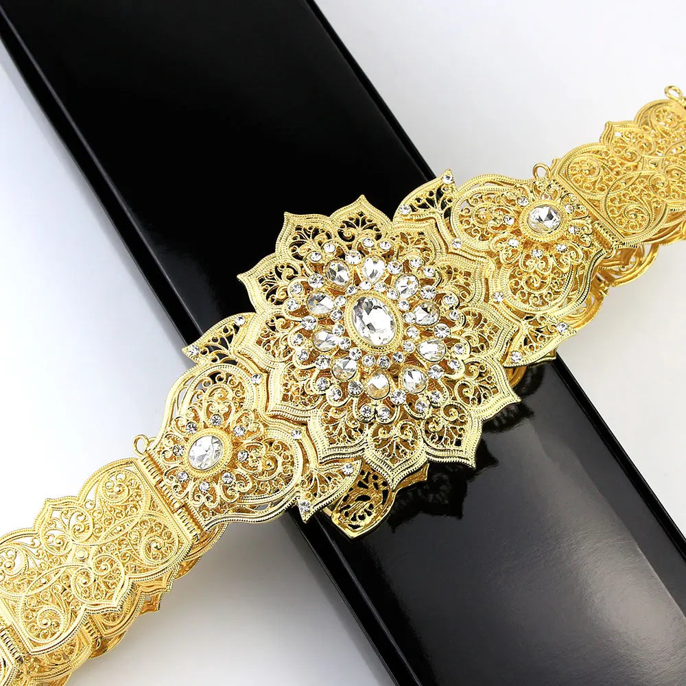 Chic Crystal Moroccan Belt round Flower Caftan Waist Chain for Women Algeria Bride Wedding Jewelry Abaya Dess Belt