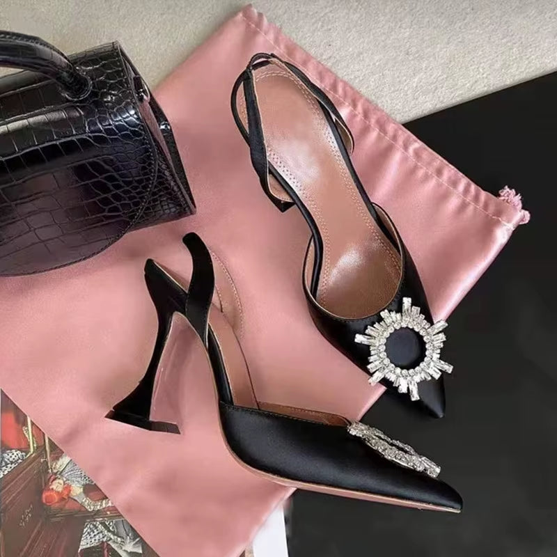 2025 Brand Women Pumps Luxury Crystal Slingback High Heels Summer Bride Shoes Comfortable Triangle Heeled Party Wedding Shoes