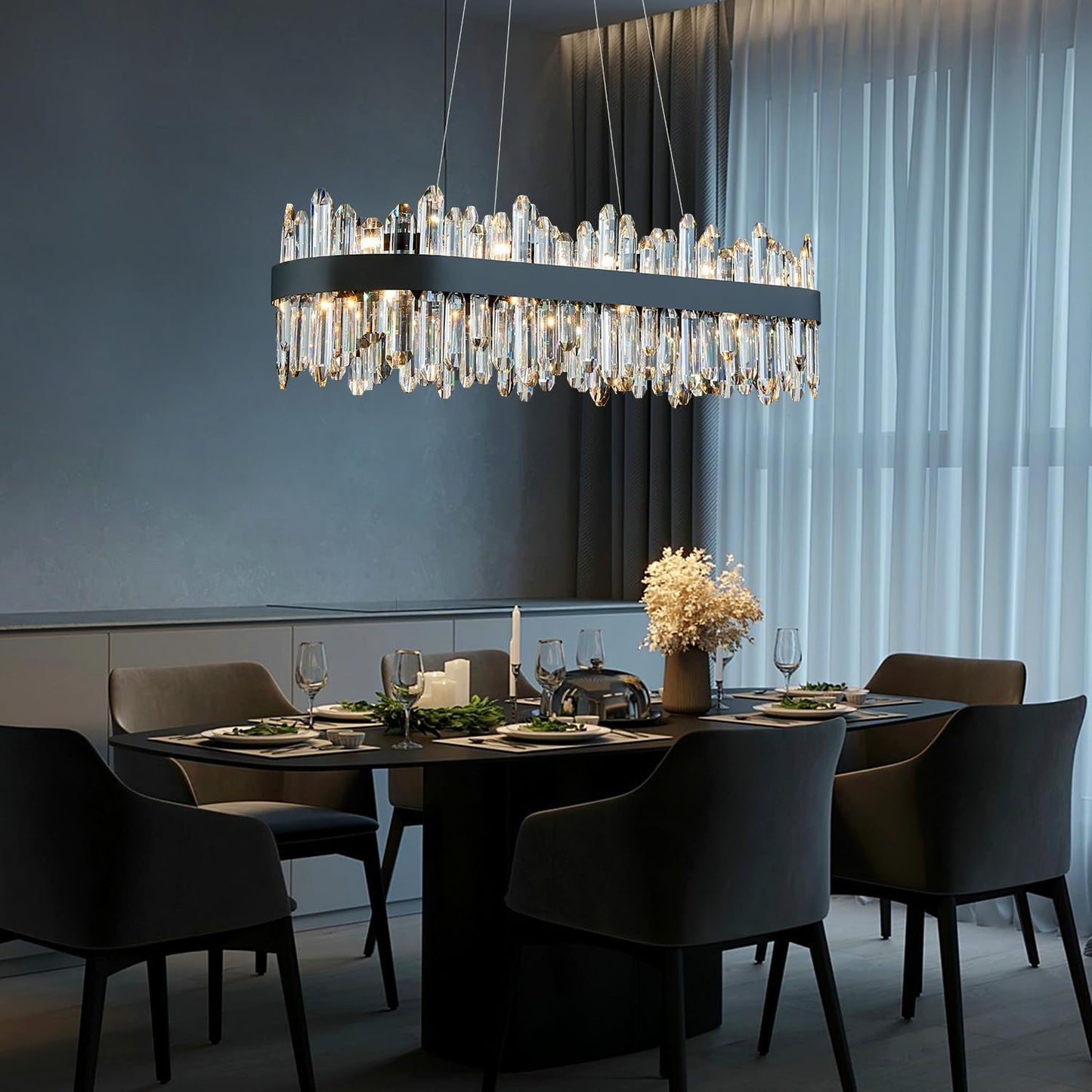 Modern Rectangular Crystal Chandelier, 20-Lights Black Raindrop Chandelier Lighting Contemporary Pendant Ceiling Light Fixture for Dining Room Living Room Kitchen Island L35.4''