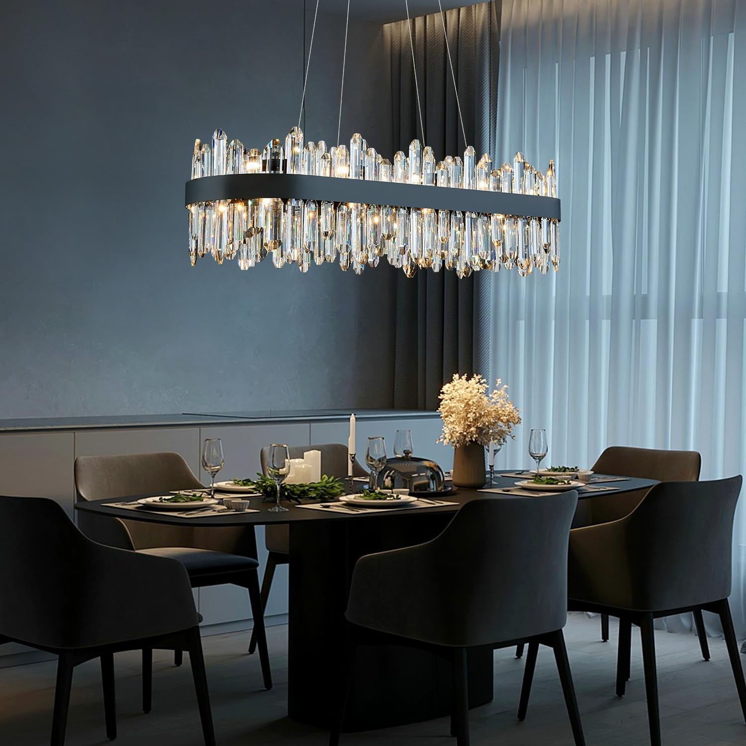Modern Rectangular Crystal Chandelier, 20-Lights Black Raindrop Chandelier Lighting Contemporary Pendant Ceiling Light Fixture for Dining Room Living Room Kitchen Island L35.4''
