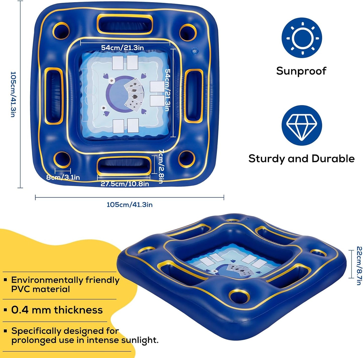 Floating Poker Table for Pool with Waterproof Playing Cards - 4 Person Inflatable Pool Games for Adults - Blue & Gold Premium Floating Card Table Set for Lake, River, and Swimming Party (40 Inch)