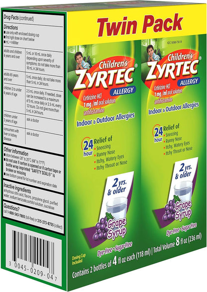 Zyrtec 24 Hr Children'S Allergy Syrup with Cetirizine, Sugar-Free Grape, Twin Pack of 4 Fl. Oz