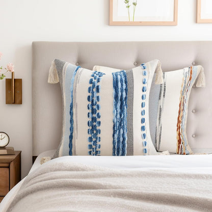 Sky Blue Throw Pillow Covers 18X18 Set of 2 | Decorative Modern Boho Farmhouse Pillow Covers Chenille Striped Tufted Couch Pillow Covers with Tassels for Bed Sofa
