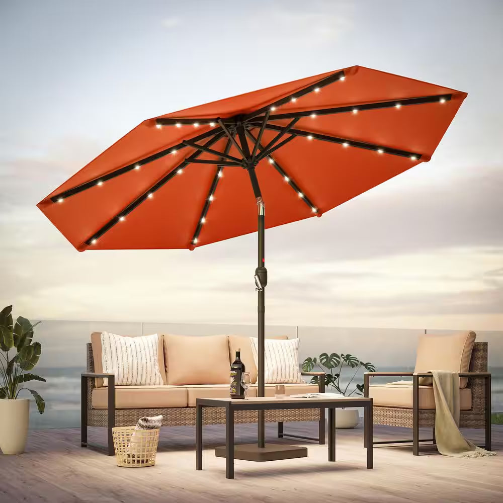 10 Ft. Steel Solar-Powered round Outdoor Market Patio Umbrella with Crank in Orange