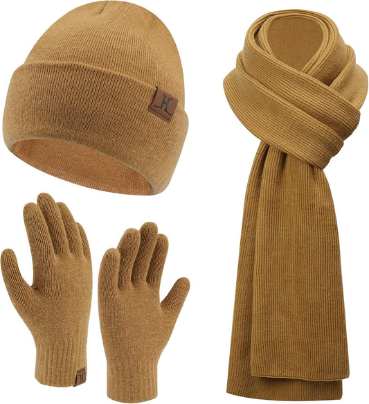 Mens Winter Warm Beanie Hats and Scarf Touchscreen Gloves