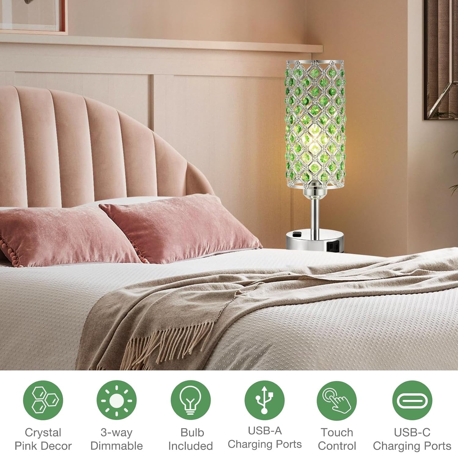 Green Crystal Lamp Touch Control Set of 2, Crystal Table Lamps with USB C+A Ports & AC Outlet, 3-Way Dimmable Nightstand Touch Lamp, Modern Bedside Table Lamp for Bedroom(Bulbs Included)