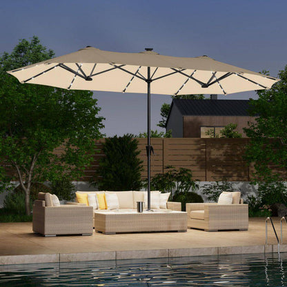 13 Ft. X 7.2 Ft. Steel Solar-Powered Double-Sided Market Patio Umbrella with Crank, Solar Panel in Sand