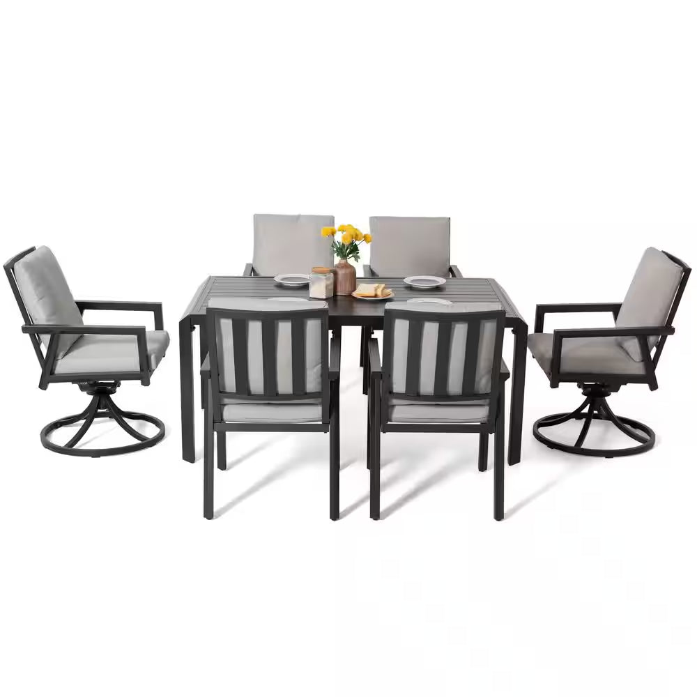Black 7-Piece Aluminum Outdoor Dining Set with Gray Cushion